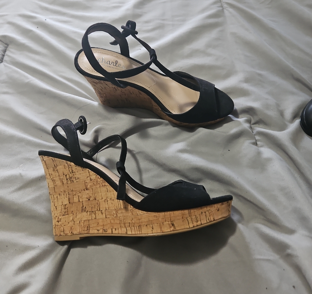 Charles David Black and Tan Wedge Sandals